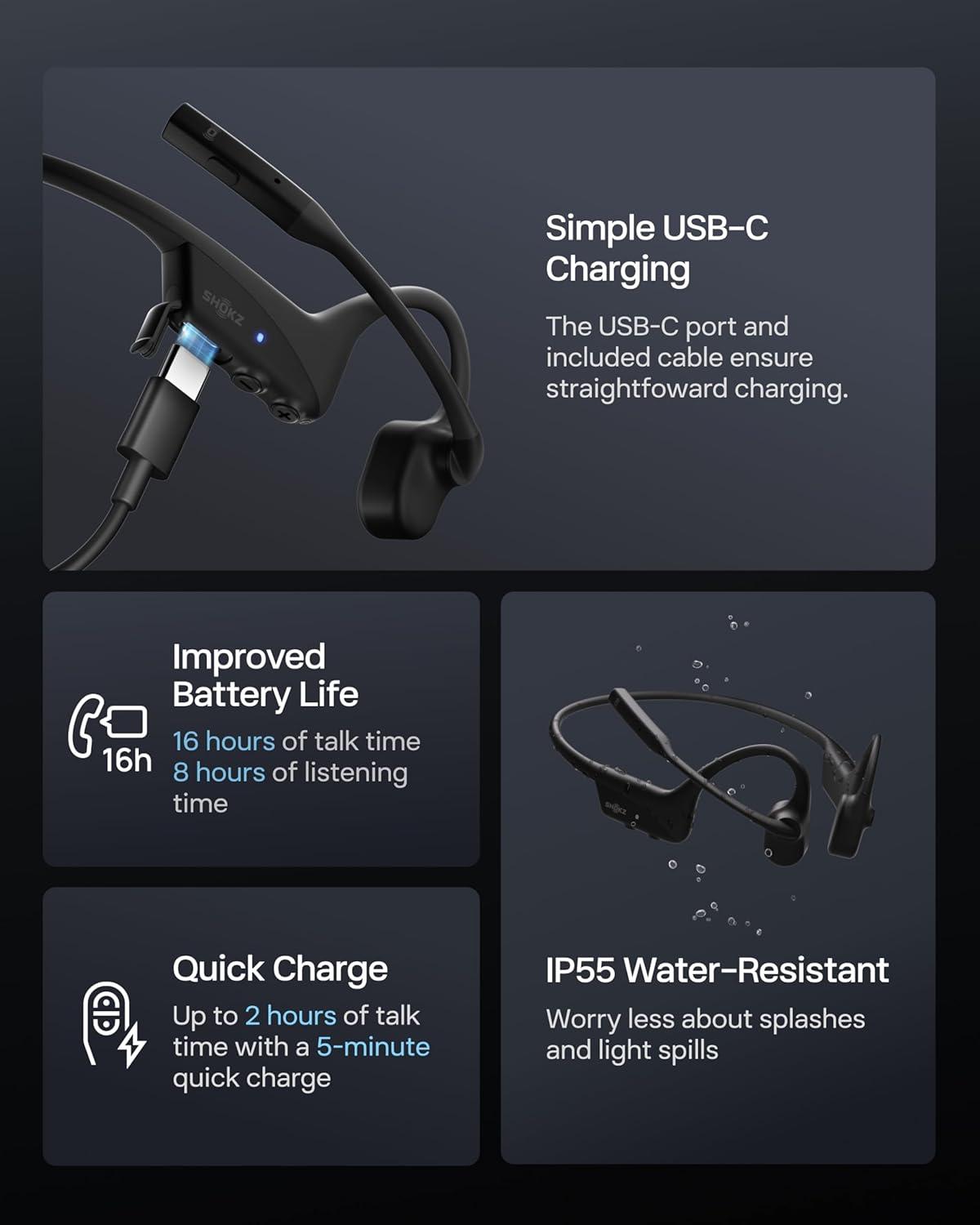 imageSHOKZ OpenComm2 UC 2025 Upgrade  OpenEar Wireless Computer Headset with Boom Mic Bone Conduction Bluetooth Stereo Headphones USBA Dongle Compatible with PC and Mac Zoom Certified  C120UCUSBC Charging