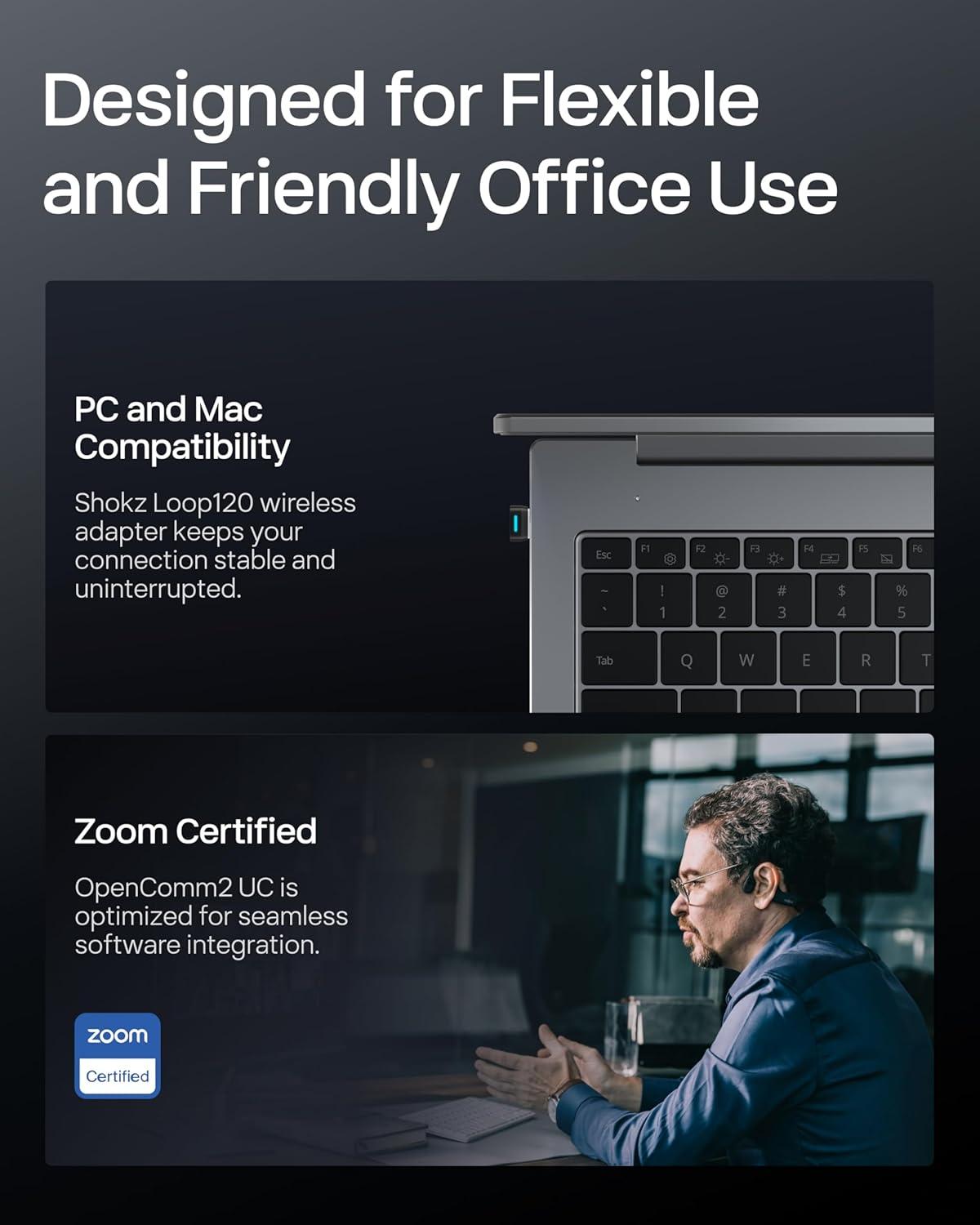 imageSHOKZ OpenComm2 UC 2025 Upgrade  OpenEar Wireless Computer Headset with Boom Mic Bone Conduction Bluetooth Stereo Headphones USBA Dongle Compatible with PC and Mac Zoom Certified  C120UCUSBC Charging