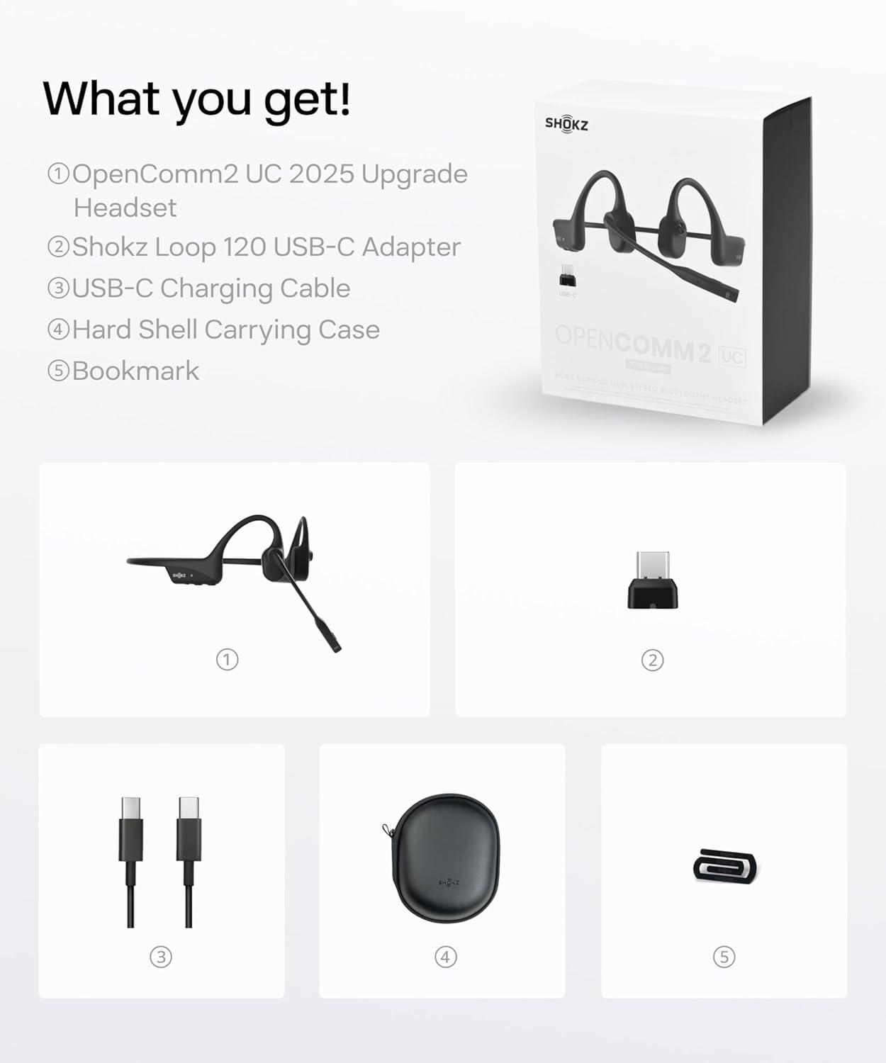 imageSHOKZ OpenComm2 UC 2025 Upgrade  OpenEar Wireless Computer Headset with Boom Mic Bone Conduction Bluetooth Stereo Headphones USBA Dongle Compatible with PC and Mac Zoom Certified  C120UCUSBC Charging