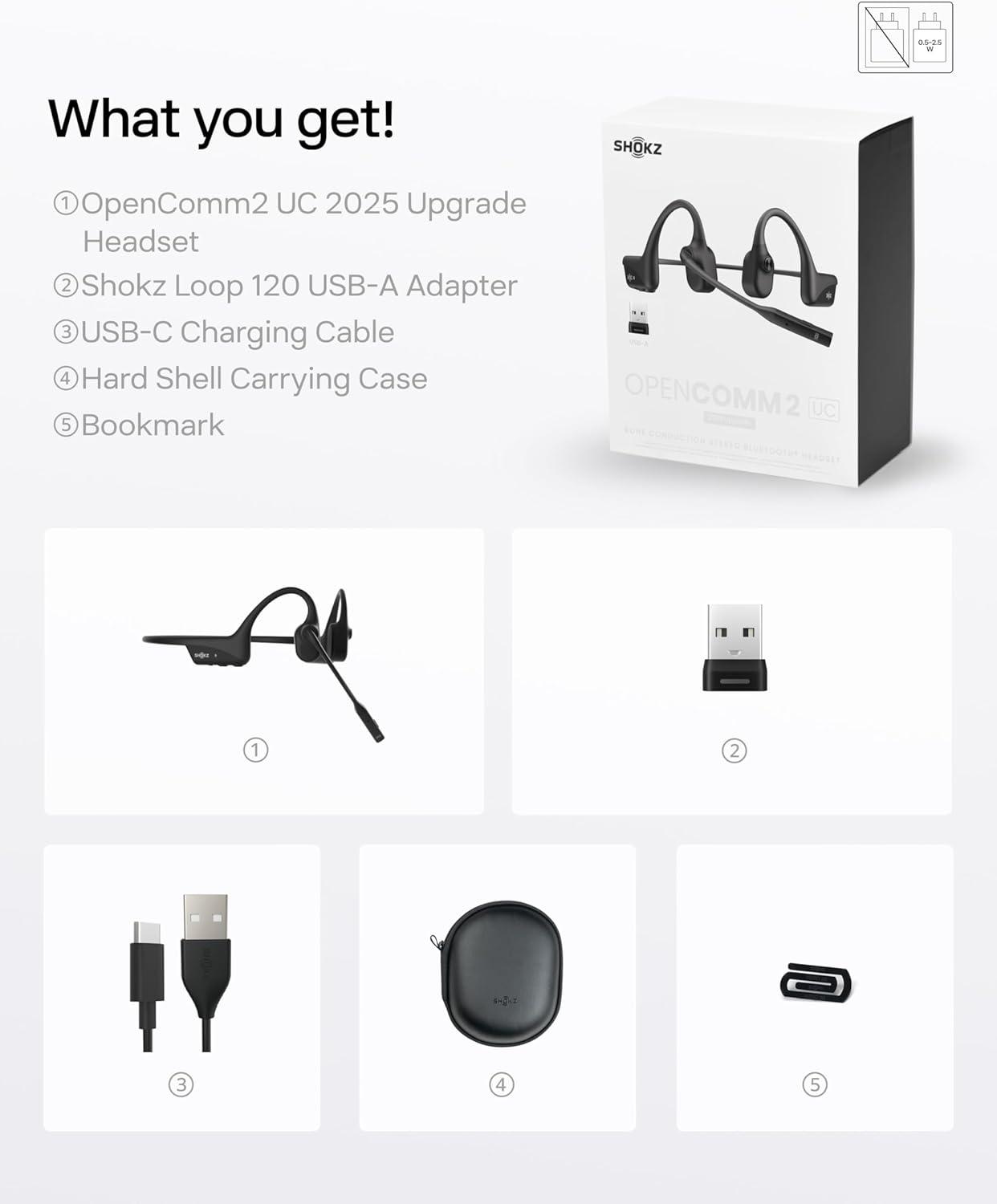 imageSHOKZ OpenComm2 UC 2025 Upgrade  OpenEar Wireless Computer Headset with Boom Mic Bone Conduction Bluetooth Stereo Headphones USBA Dongle Compatible with PC and Mac Zoom Certified  C120UCUSBC Charging