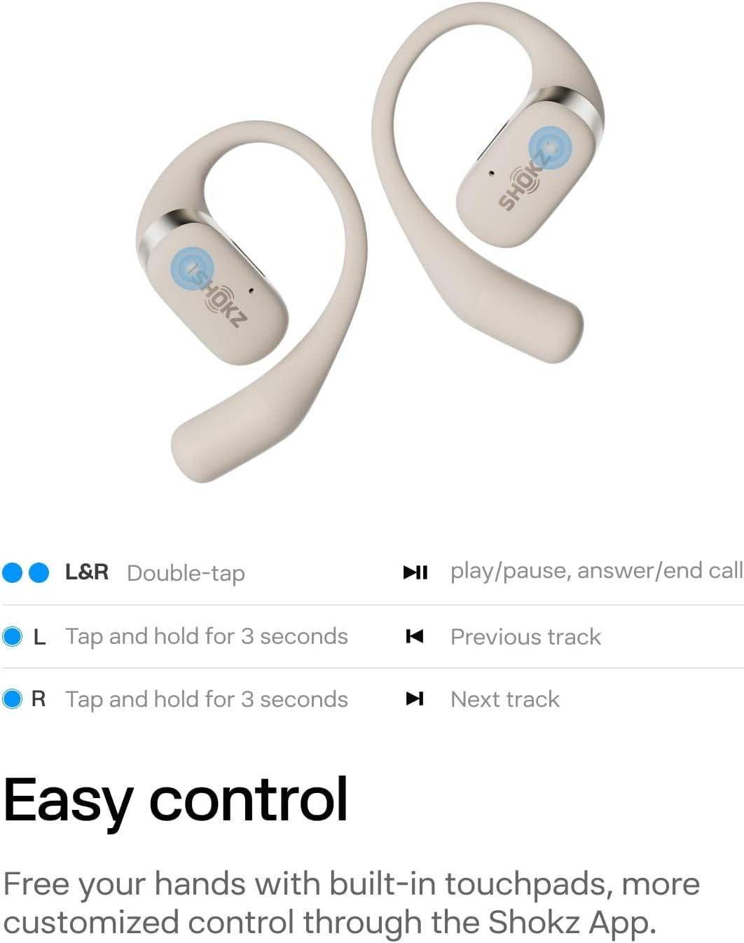 imageSHOKZ OpenFit  OpenEar True Wireless Bluetooth Headphones with Microphone Earbuds with Earhooks Sweat Resistant Fast Charging 28HRS Playtime Compatible with iPhone amp Android RenewedBeige