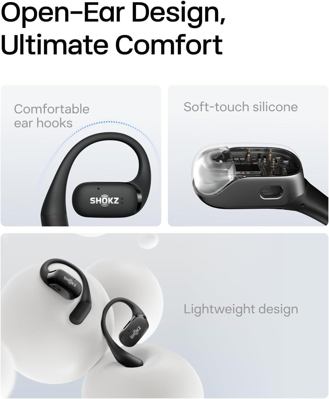 imageSHOKZ OpenFit  OpenEar True Wireless Bluetooth Headphones with Microphone Earbuds with Earhooks Sweat Resistant Fast Charging 28HRS Playtime Compatible with iPhone amp Android RenewedBlack