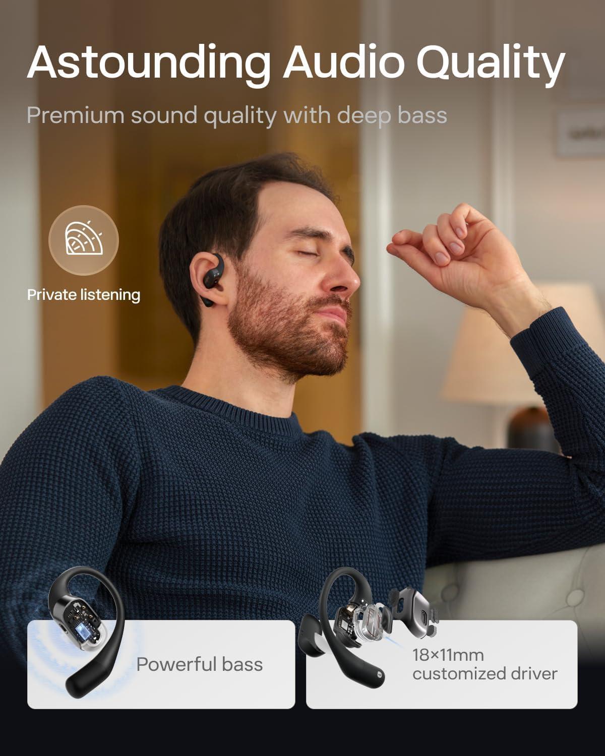 imageSHOKZ OpenFit  OpenEar True Wireless Bluetooth Headphones with Microphone Earbuds with Earhooks Sweat Resistant Fast Charging 28HRS Playtime Compatible with iPhone amp Android RenewedBlack