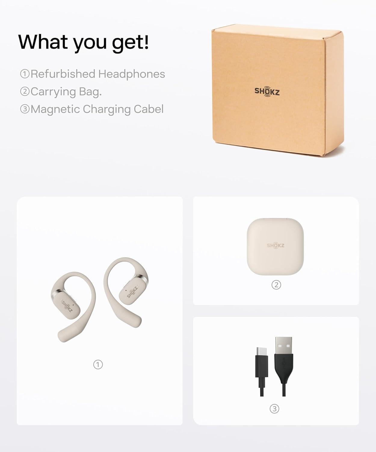 imageSHOKZ OpenFit  OpenEar True Wireless Bluetooth Headphones with Microphone Earbuds with Earhooks Sweat Resistant Fast Charging 28HRS Playtime Compatible with iPhone amp Android RenewedBeige