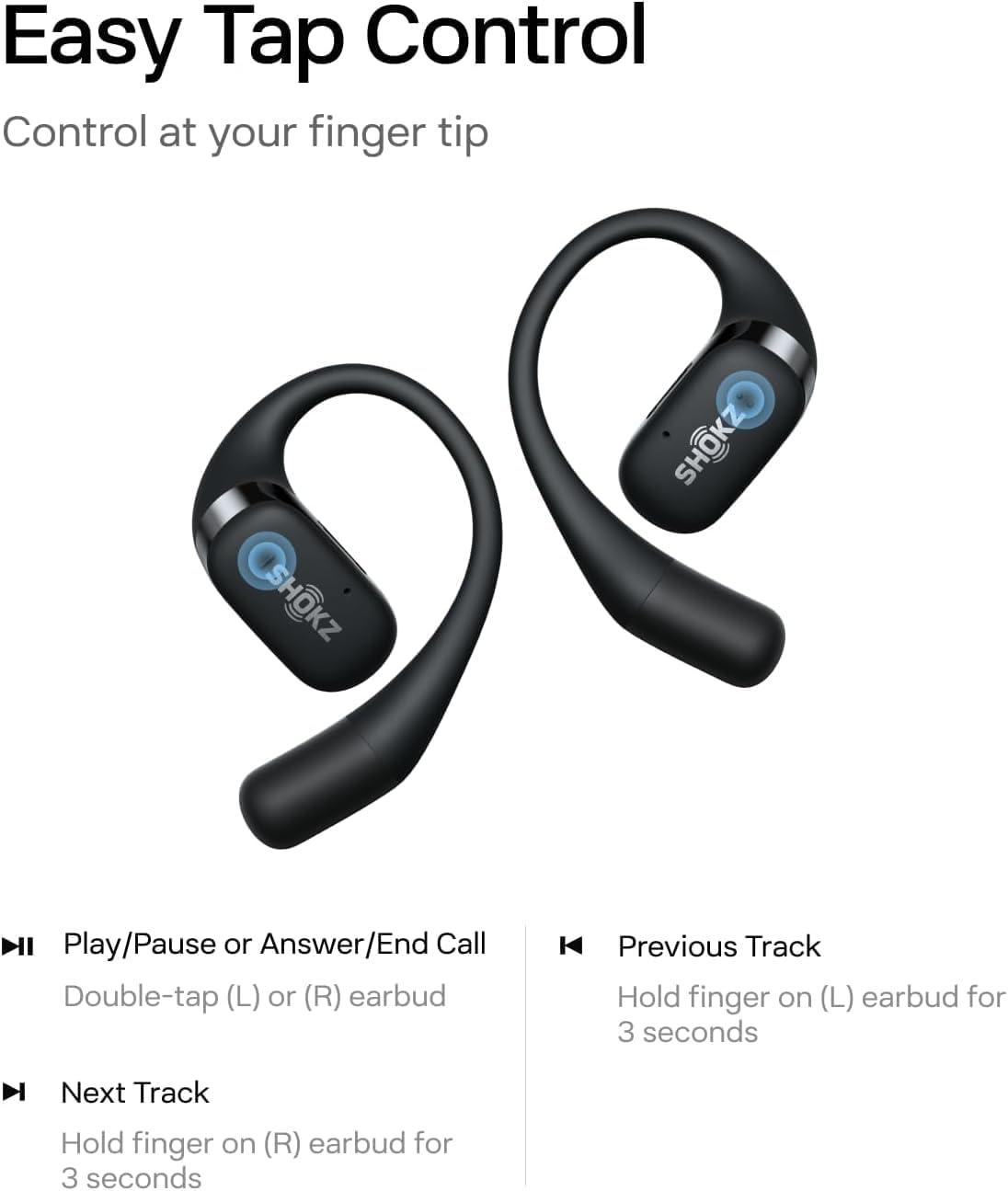 imageSHOKZ OpenFit  OpenEar True Wireless Bluetooth Headphones with Microphone Earbuds with Earhooks Sweat Resistant Fast Charging 28HRS Playtime Compatible with iPhone amp Android RenewedBlack