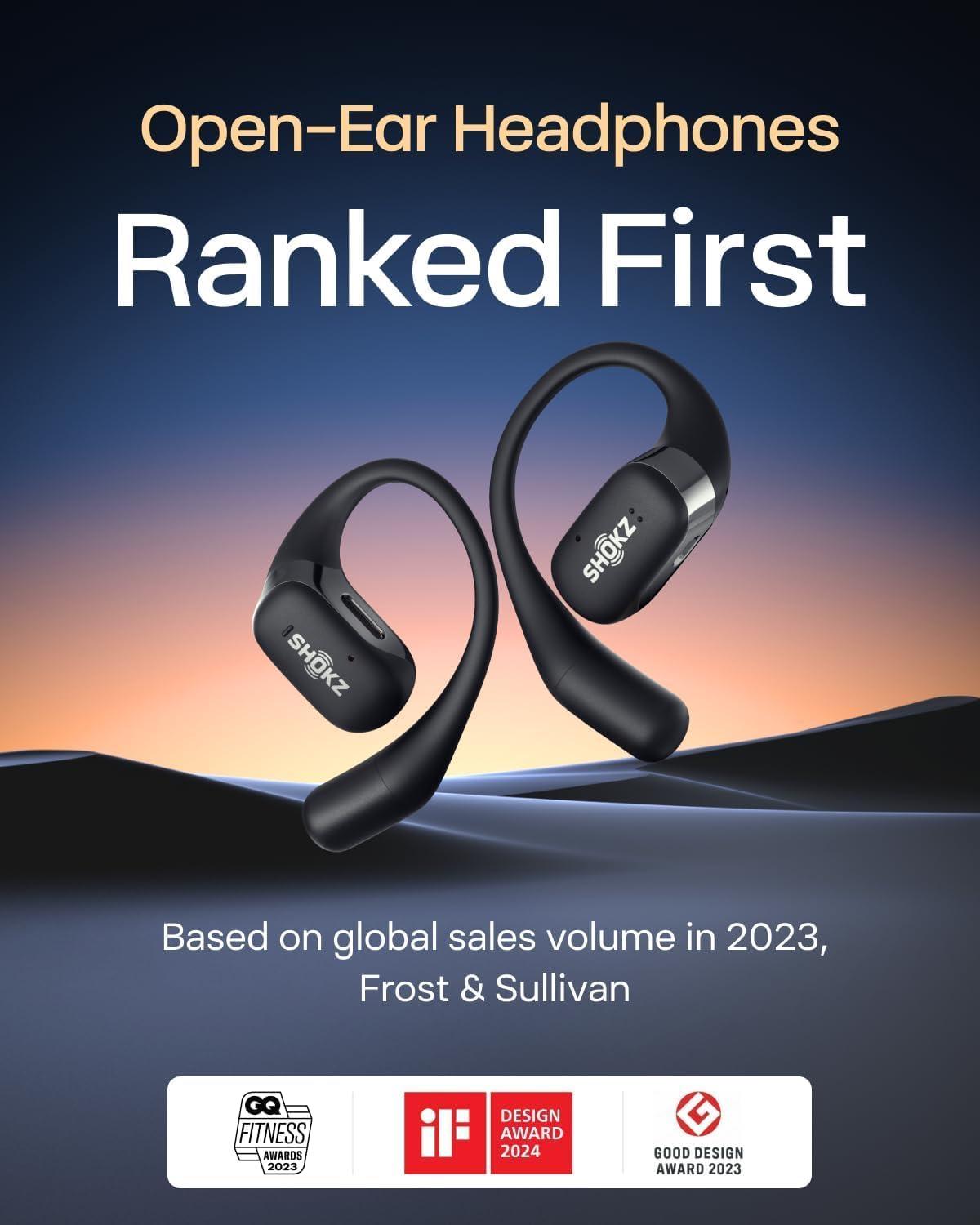 imageSHOKZ OpenFit  OpenEar True Wireless Bluetooth Headphones with Microphone Earbuds with Earhooks Sweat Resistant Fast Charging 28HRS Playtime Compatible with iPhone amp Android RenewedBlack