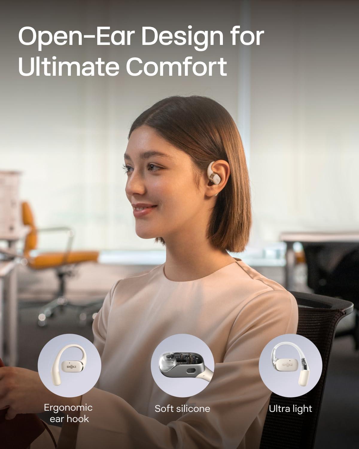 imageSHOKZ OpenFit  OpenEar True Wireless Bluetooth Headphones with Microphone Earbuds with Earhooks Sweat Resistant Fast Charging 28HRS Playtime Compatible with iPhone amp Android RenewedBeige