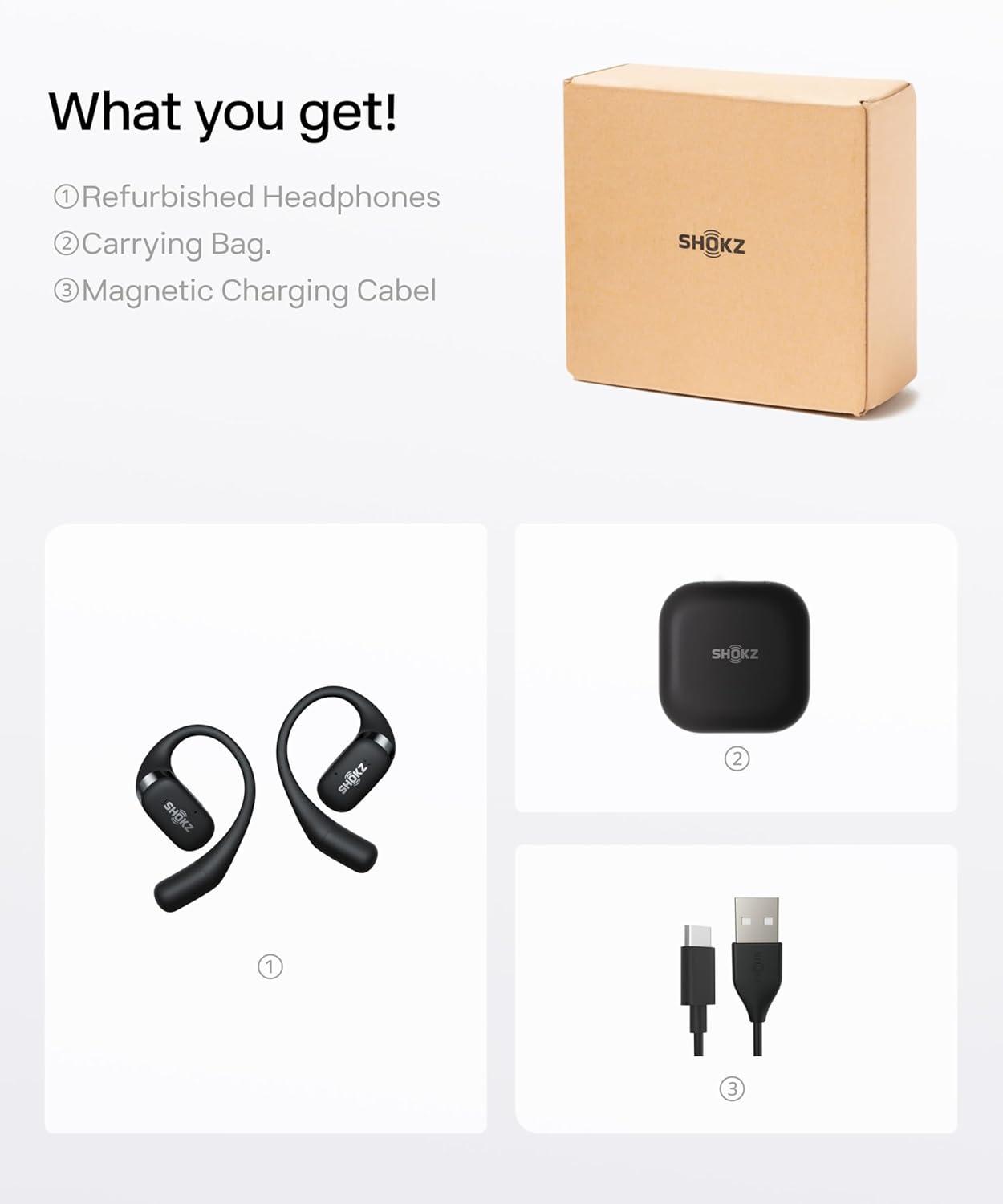 imageSHOKZ OpenFit  OpenEar True Wireless Bluetooth Headphones with Microphone Earbuds with Earhooks Sweat Resistant Fast Charging 28HRS Playtime Compatible with iPhone amp Android RenewedBlack