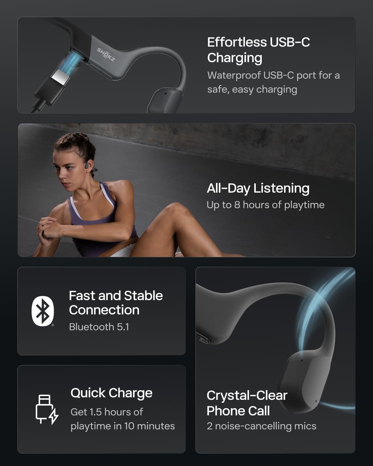 imageSHOKZ OpenRun Bone Conduction OpenEar Bluetooth Sport Headphones Running Workout Bundle with Waterproof Carrying Case amp Sweat Headband IP67 Sweat Resistant 8H Playtime Mic BlackBlack