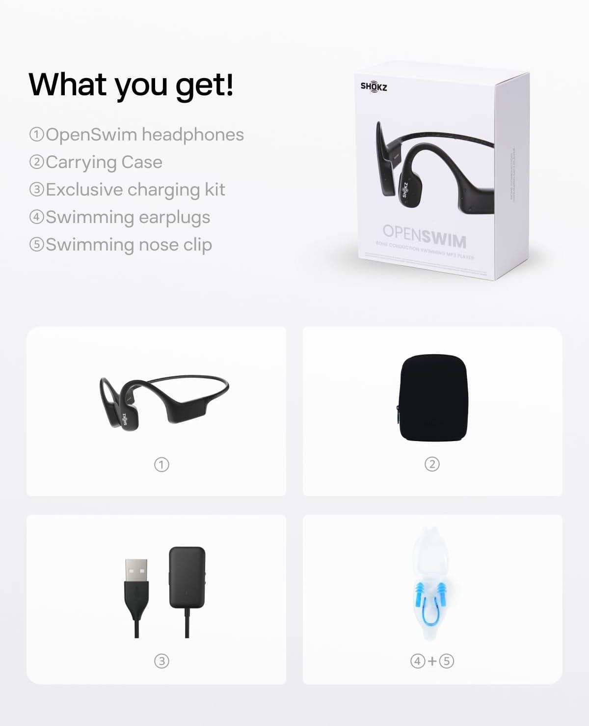 imageSHOKZ OpenSwim MP3 Waterproof Headphones for Swimming Not Bluetooth Compatible Builtin MP3 Player with Storage for 1200 Songs OpenEar Wireless Headphones with Nose Clip and Earplug Black