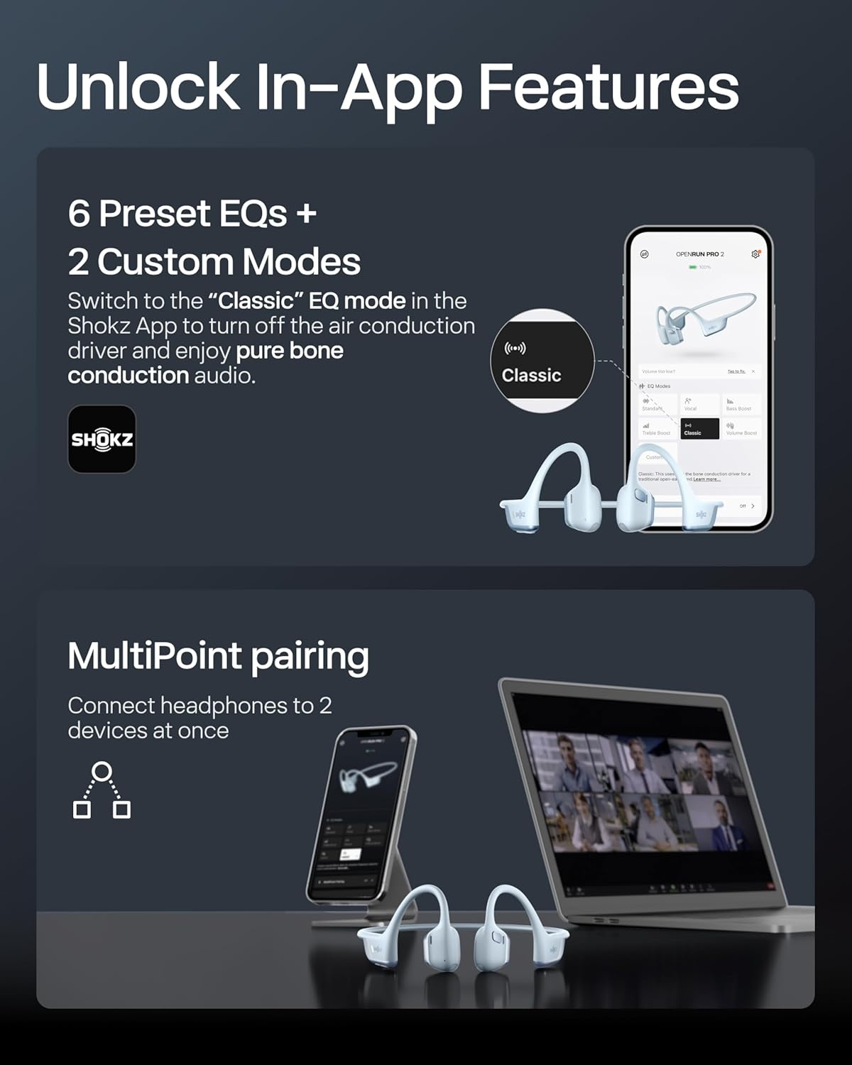 imageSHOKZ New OpenRun Pro 2Bone Conduction HeadphonesOpenEar Bluetooth Wireless Sport Earphones for RunningWorkoutsSweat ResistantSecure Comfortable FitDeep BassSmart Mic Free Gym BagBlue