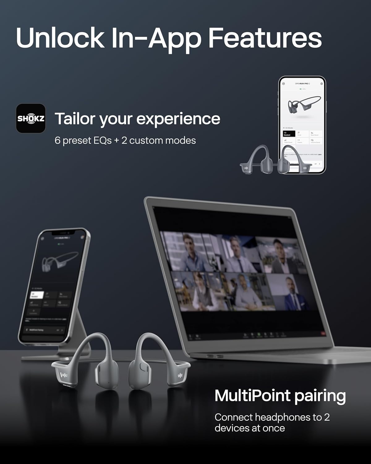 imageSHOKZ New OpenRun Pro 2Bone Conduction HeadphonesOpenEar Bluetooth Wireless Sport Earphones for RunningWorkoutsSweat ResistantSecure Comfortable FitDeep BassSmart Mic Free Gym BagSilver