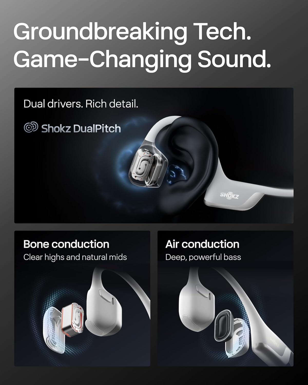 imageSHOKZ New OpenRun Pro 2Bone Conduction HeadphonesOpenEar Bluetooth Wireless Sport Earphones for RunningWorkoutsSweat ResistantSecure Comfortable FitDeep BassSmart Mic Free Gym BagSilver