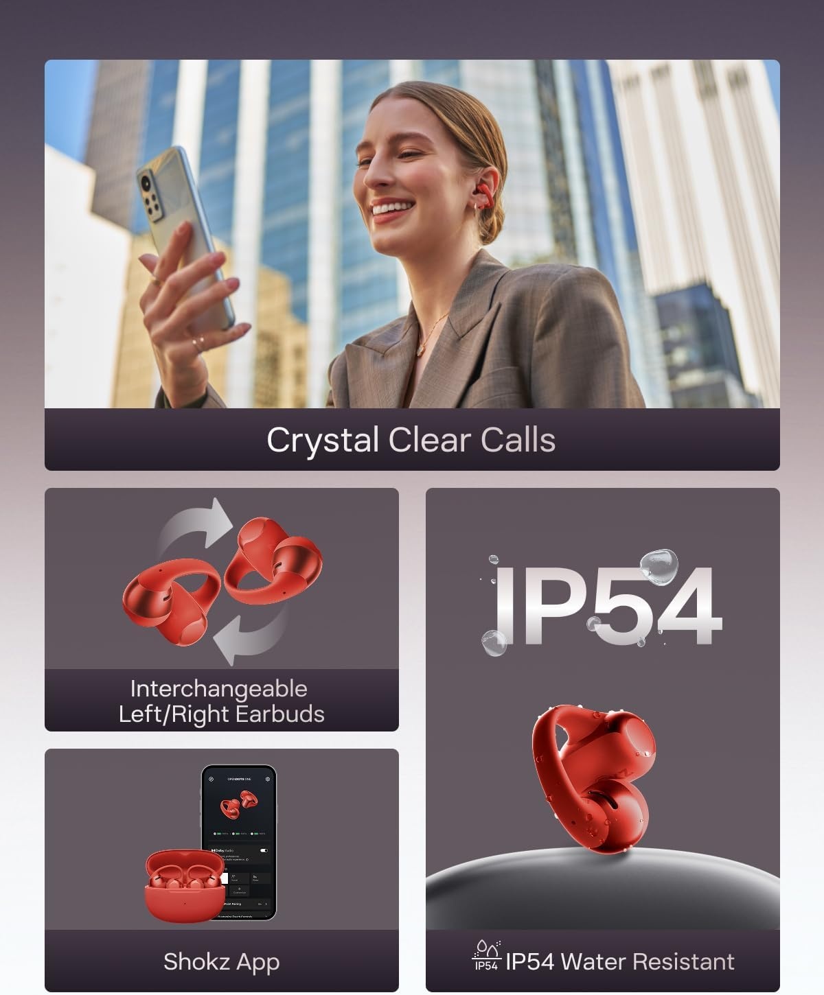 imageSHOKZ OpenDots ONEOpenEar Headphones ClipOn EarbudsWireless Bluetooth Earbuds with MicrophoneSecure Lightweight ComfortPremium Dolby AudioWater ResistantFast ChargingUp to 40 hrs PlaytimeRed