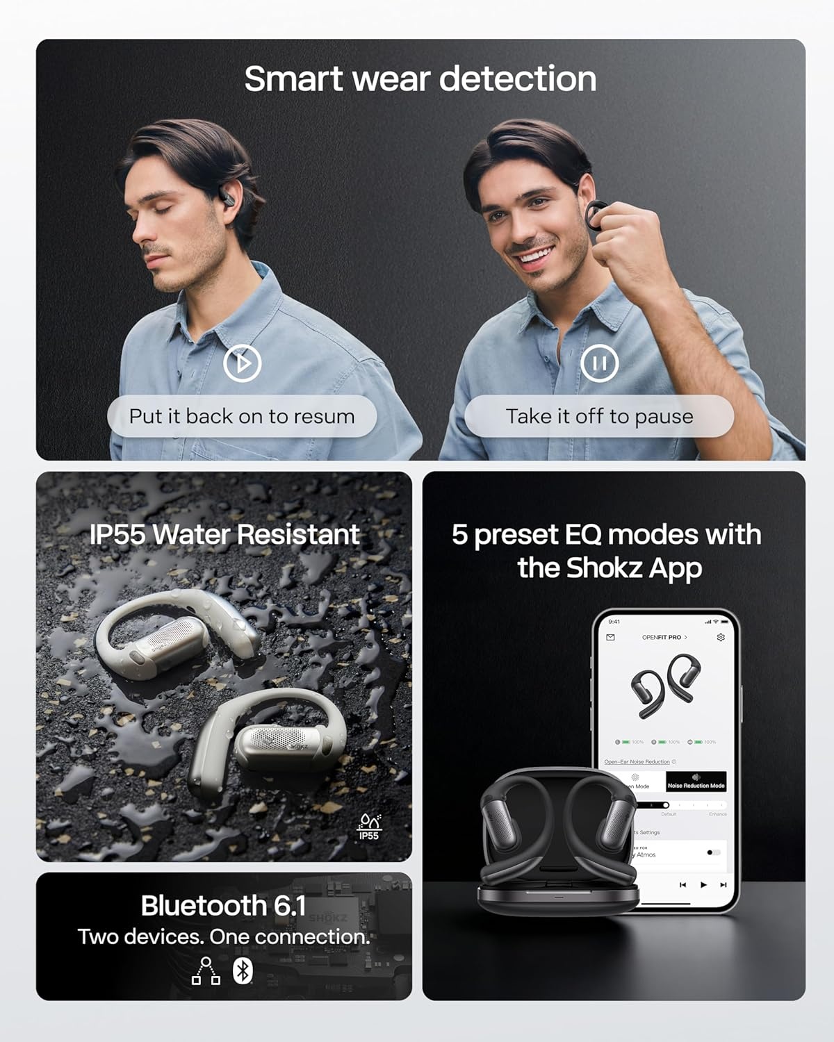 imageSHOKZ OpenFit Pro OpenEar True Wireless Earbuds with OpenEar Noise Reduction Optimised for Dolby Atmos Deep Bass 50H Playtime AIPowered Clear Calls for Work Sport Bluetooth 61 IP55 BlackBlack