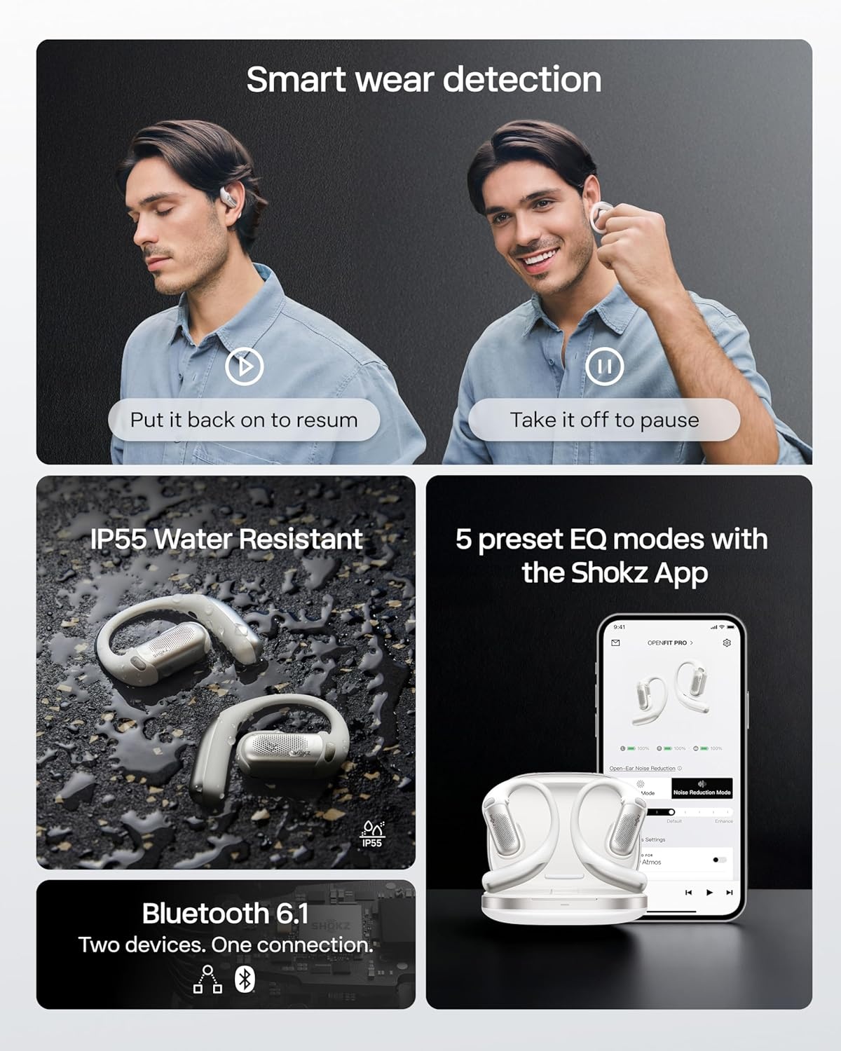 imageSHOKZ OpenFit Pro OpenEar True Wireless Earbuds with OpenEar Noise Reduction Optimised for Dolby Atmos Deep Bass 50H Playtime AIPowered Clear Calls for Work Sport Bluetooth 61 IP55 BlackWhite