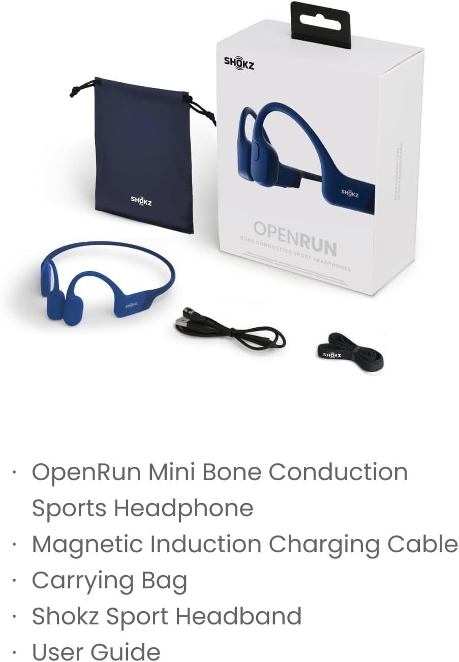 imageSHOKZ OpenRun Mini with USBC Charging OpenEar Bluetooth Bone Conduction Sport Headphones Sweat Resistant Wireless Earphones for Workouts and Running Built in Mic with Hair BandBlack RenewedBlue