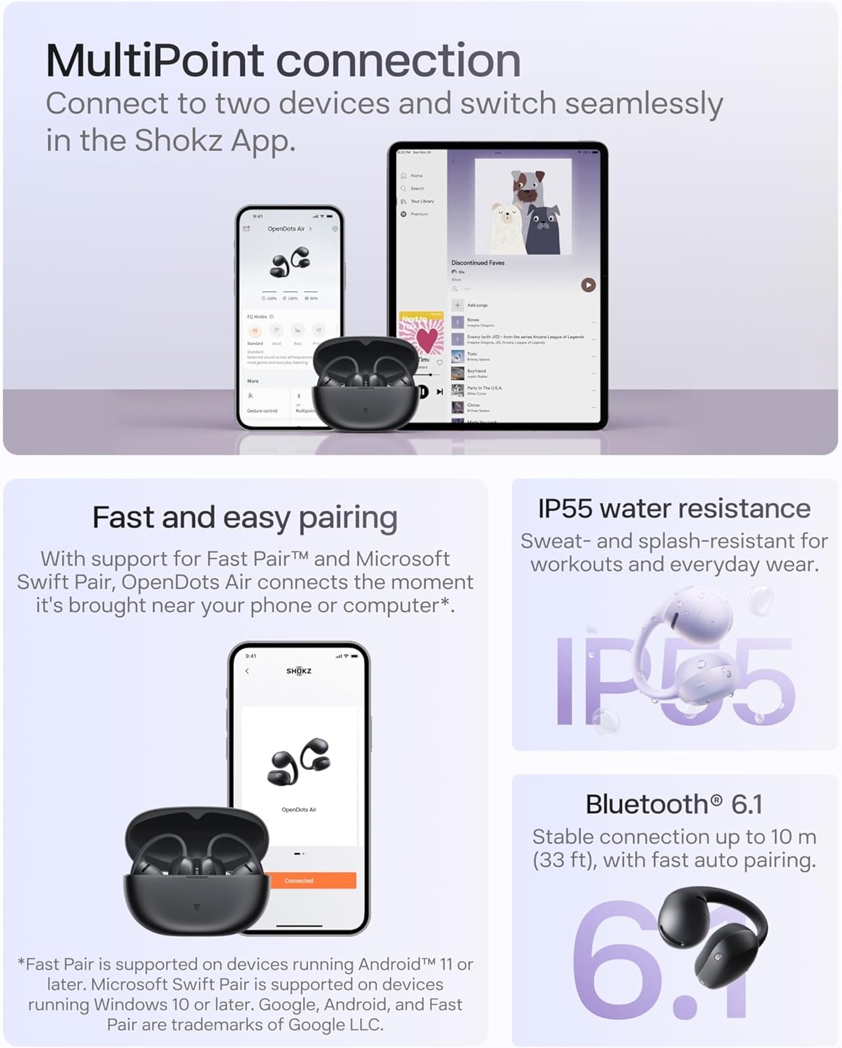 image:imageSHOKZ OpenDots Air OpenEar ClipOn Earbuds Bluetooth 61 Up to 36 Hours of Listening Interchangeable Earbuds Touch Controls Dual AI NoiseCanceling Microphones IP55 Bassphere TechnologyBlack