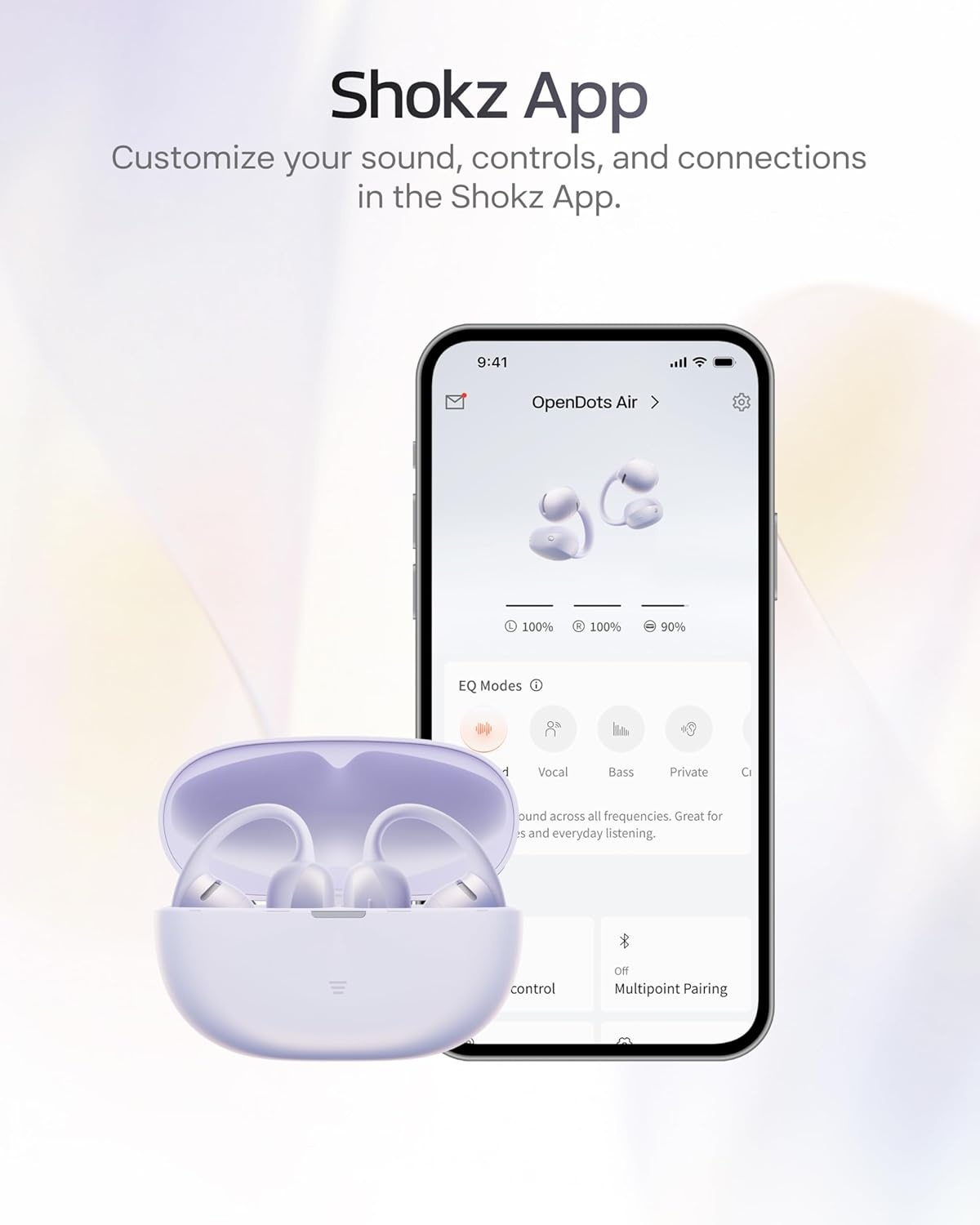 image:imageSHOKZ OpenDots Air OpenEar ClipOn Earbuds Bluetooth 61 Up to 36 Hours of Listening Interchangeable Earbuds Touch Controls Dual AI NoiseCanceling Microphones IP55 Bassphere TechnologyDaybreak Purple