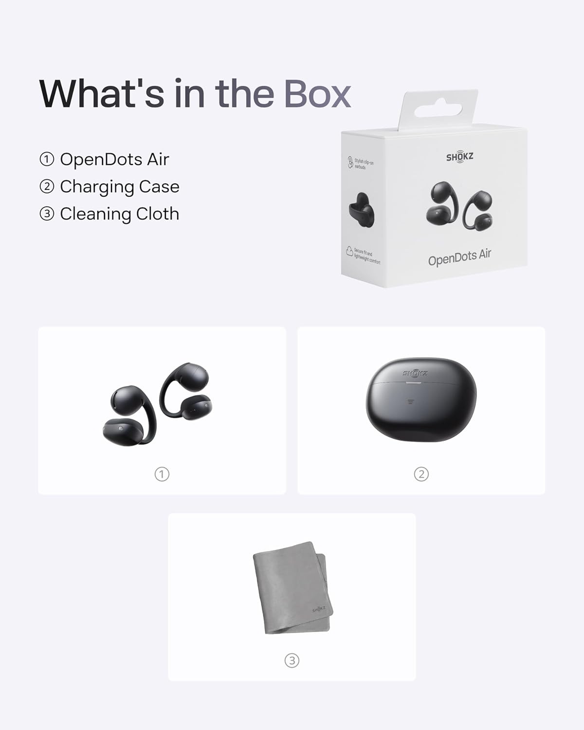 image:imageSHOKZ OpenDots Air OpenEar ClipOn Earbuds Bluetooth 61 Up to 36 Hours of Listening Interchangeable Earbuds Touch Controls Dual AI NoiseCanceling Microphones IP55 Bassphere TechnologyBlack