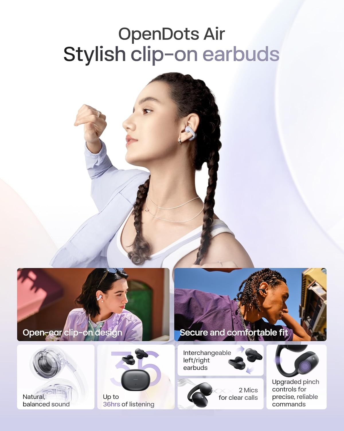 image:imageSHOKZ OpenDots Air OpenEar ClipOn Earbuds Bluetooth 61 Up to 36 Hours of Listening Interchangeable Earbuds Touch Controls Dual AI NoiseCanceling Microphones IP55 Bassphere TechnologyBlack