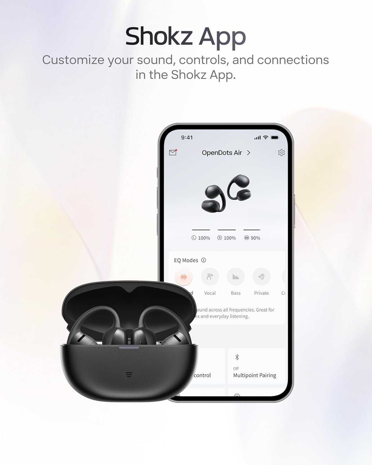 image:imageSHOKZ OpenDots Air OpenEar ClipOn Earbuds Bluetooth 61 Up to 36 Hours of Listening Interchangeable Earbuds Touch Controls Dual AI NoiseCanceling Microphones IP55 Bassphere TechnologyBlack