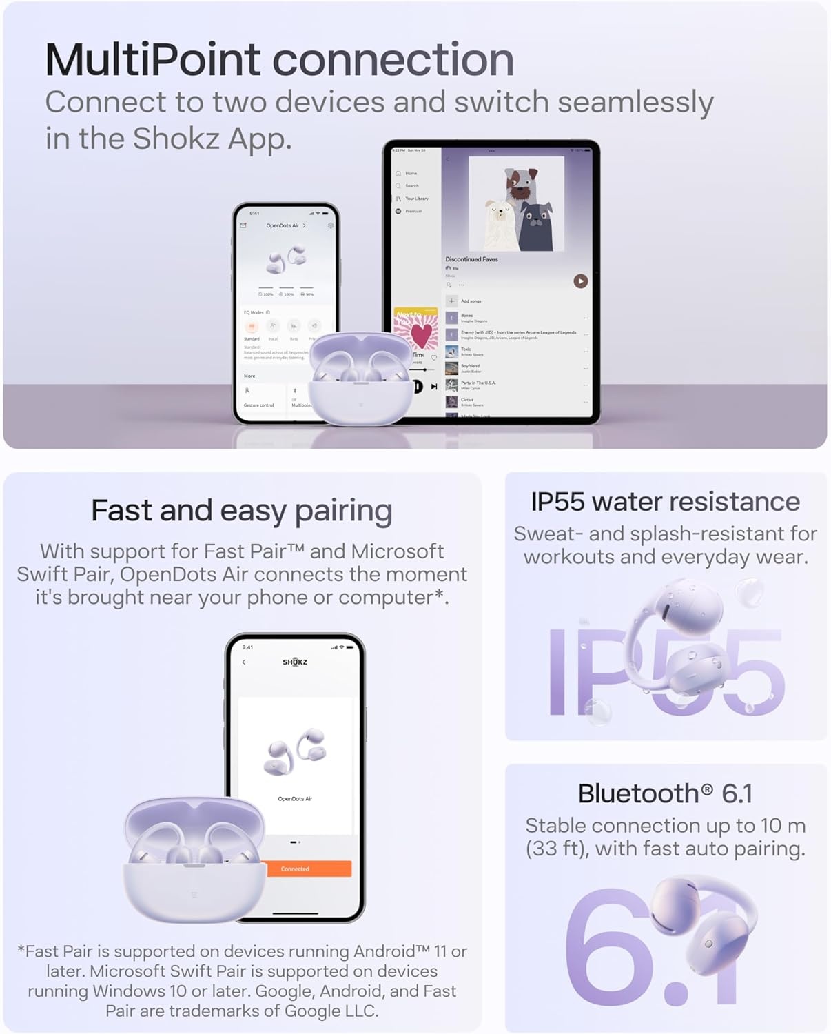 image:imageSHOKZ OpenDots Air OpenEar ClipOn Earbuds Bluetooth 61 Up to 36 Hours of Listening Interchangeable Earbuds Touch Controls Dual AI NoiseCanceling Microphones IP55 Bassphere TechnologyDaybreak Purple