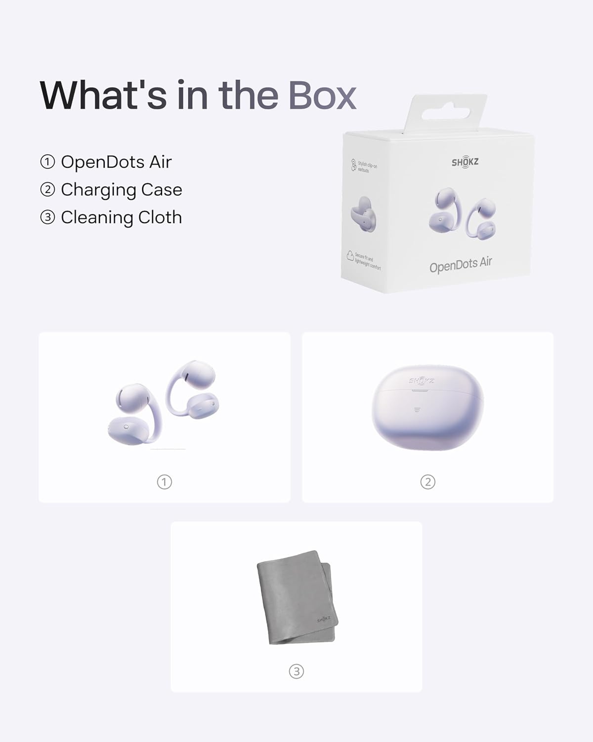 image:imageSHOKZ OpenDots Air OpenEar ClipOn Earbuds Bluetooth 61 Up to 36 Hours of Listening Interchangeable Earbuds Touch Controls Dual AI NoiseCanceling Microphones IP55 Bassphere TechnologyDaybreak Purple