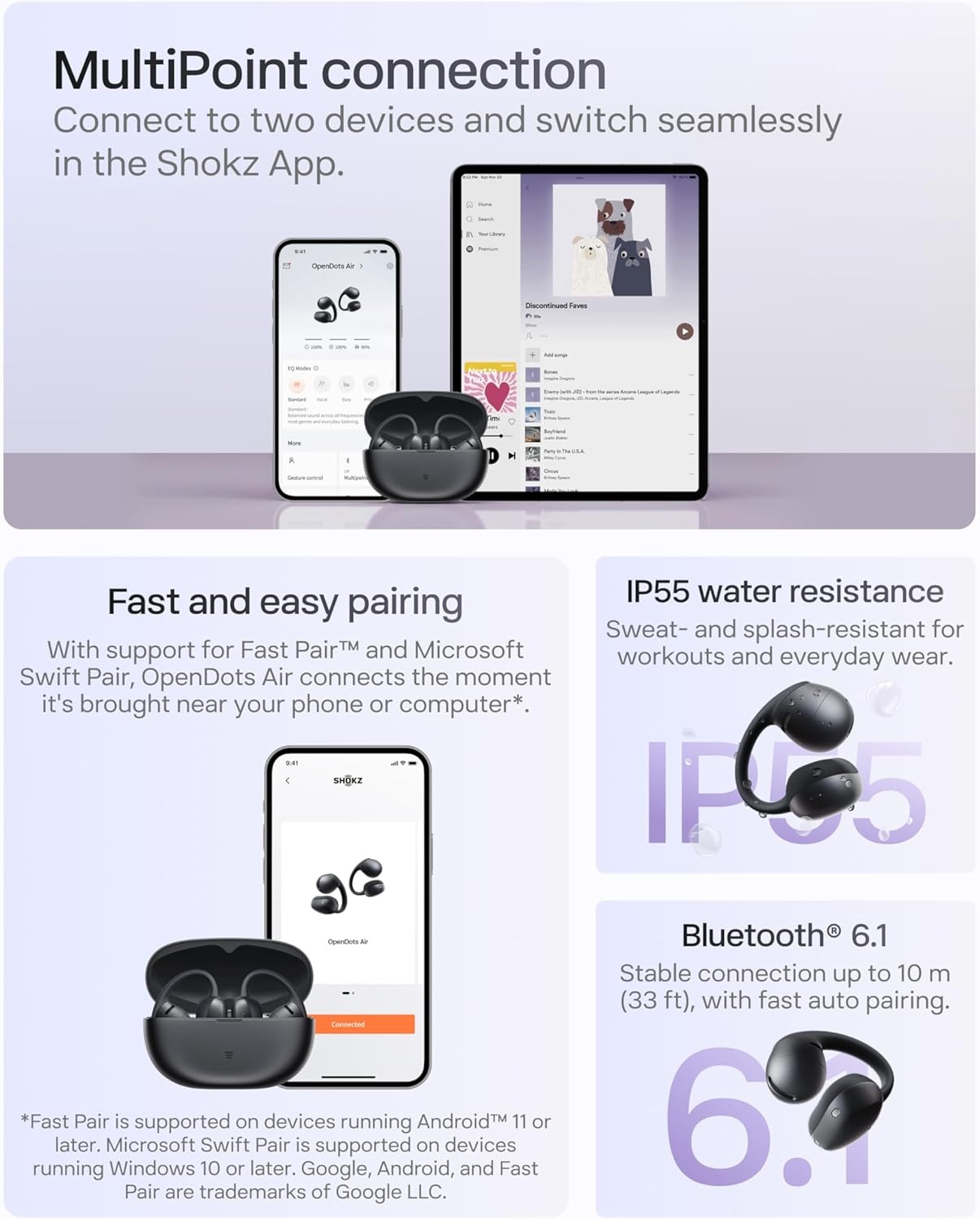 image:imageSHOKZ OpenDots Air OpenEar ClipOn Earbuds Bluetooth 61 Up to 36 Hours of Listening Interchangeable Earbuds Touch Controls Dual AI NoiseCanceling Microphones IP55 Bassphere TechnologyBlack