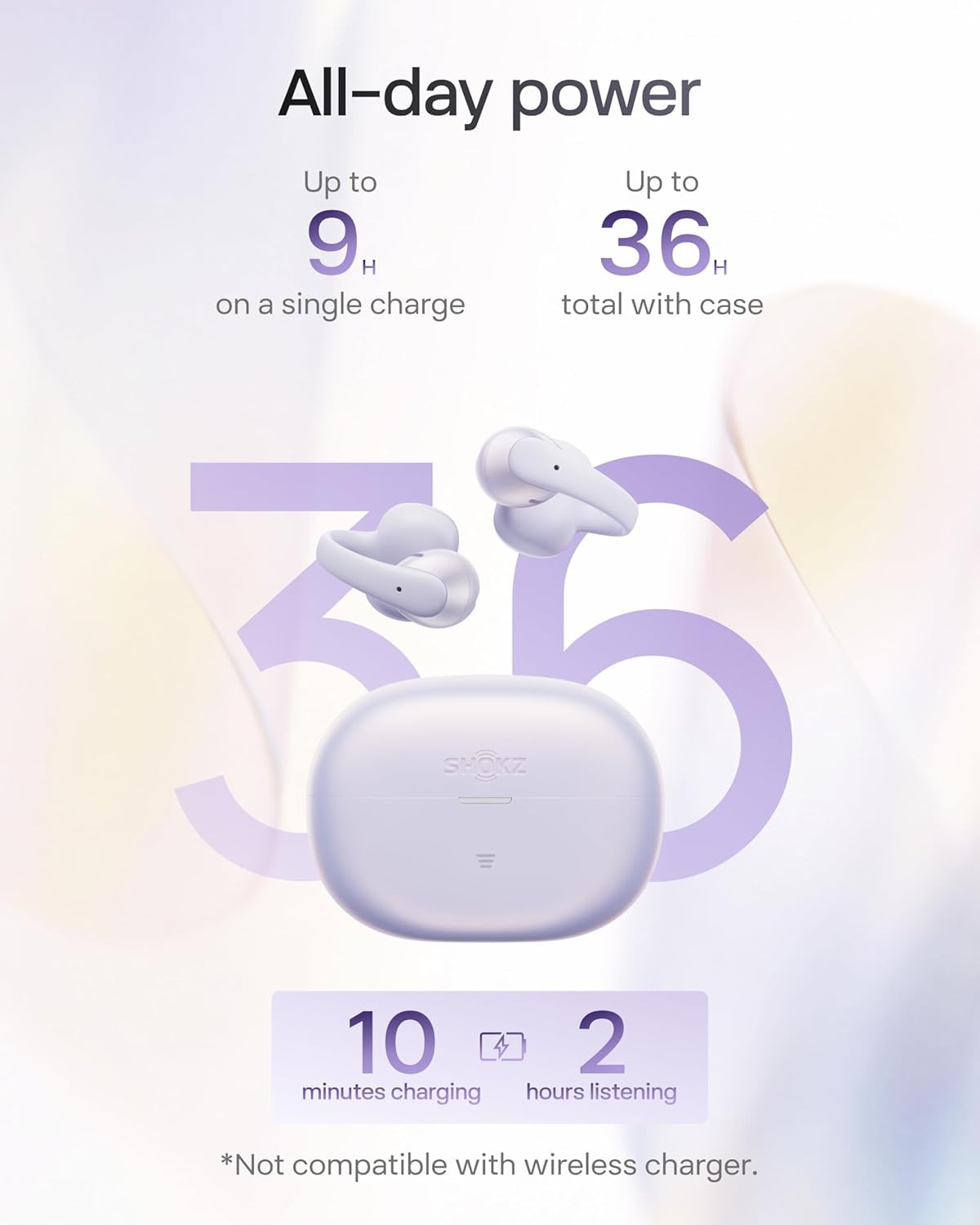 image:imageSHOKZ OpenDots Air OpenEar ClipOn Earbuds Bluetooth 61 Up to 36 Hours of Listening Interchangeable Earbuds Touch Controls Dual AI NoiseCanceling Microphones IP55 Bassphere TechnologyDaybreak Purple
